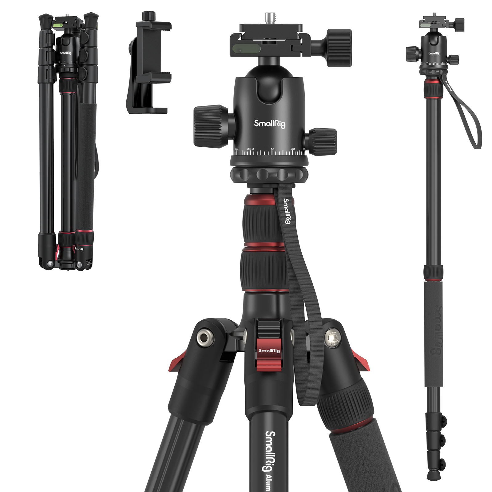 SmallRig Camera Tripod (180cm Height, 15kg Load, 1.53kg Weight) with Arca Ball Head & Phone Holder for Travel